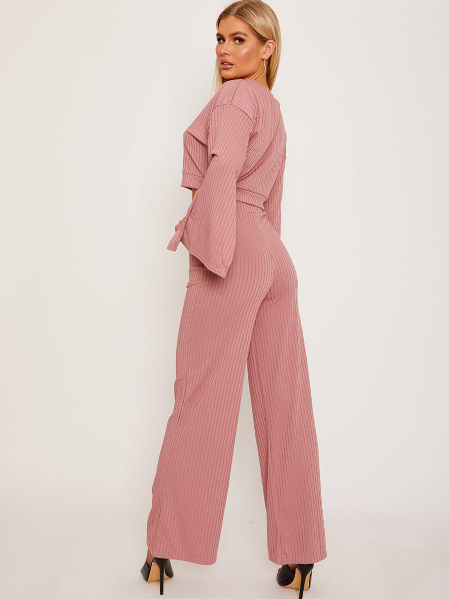 Split Sleeve Ribbed Crop Top & Trouser Co-ord