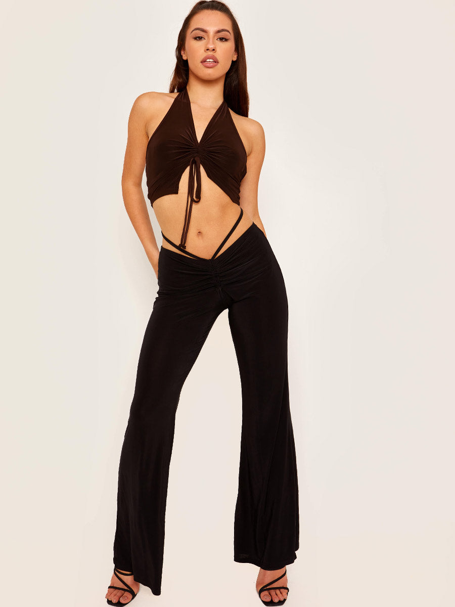 Ruched Front Halter Neck Slinky Crop Top