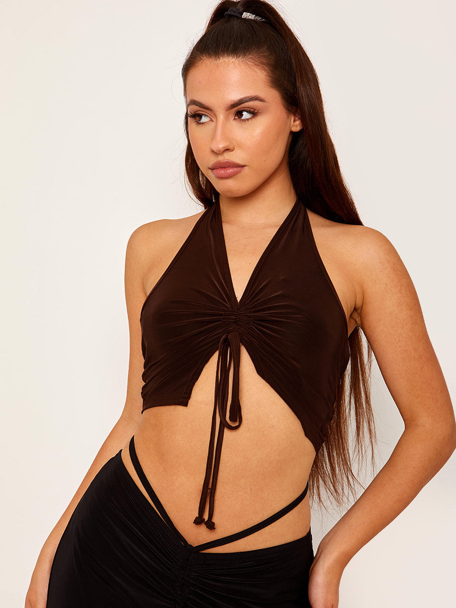 Ruched Front Halter Neck Slinky Crop Top