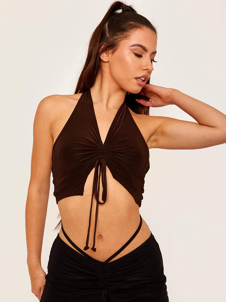 Ruched Front Halter Neck Slinky Crop Top