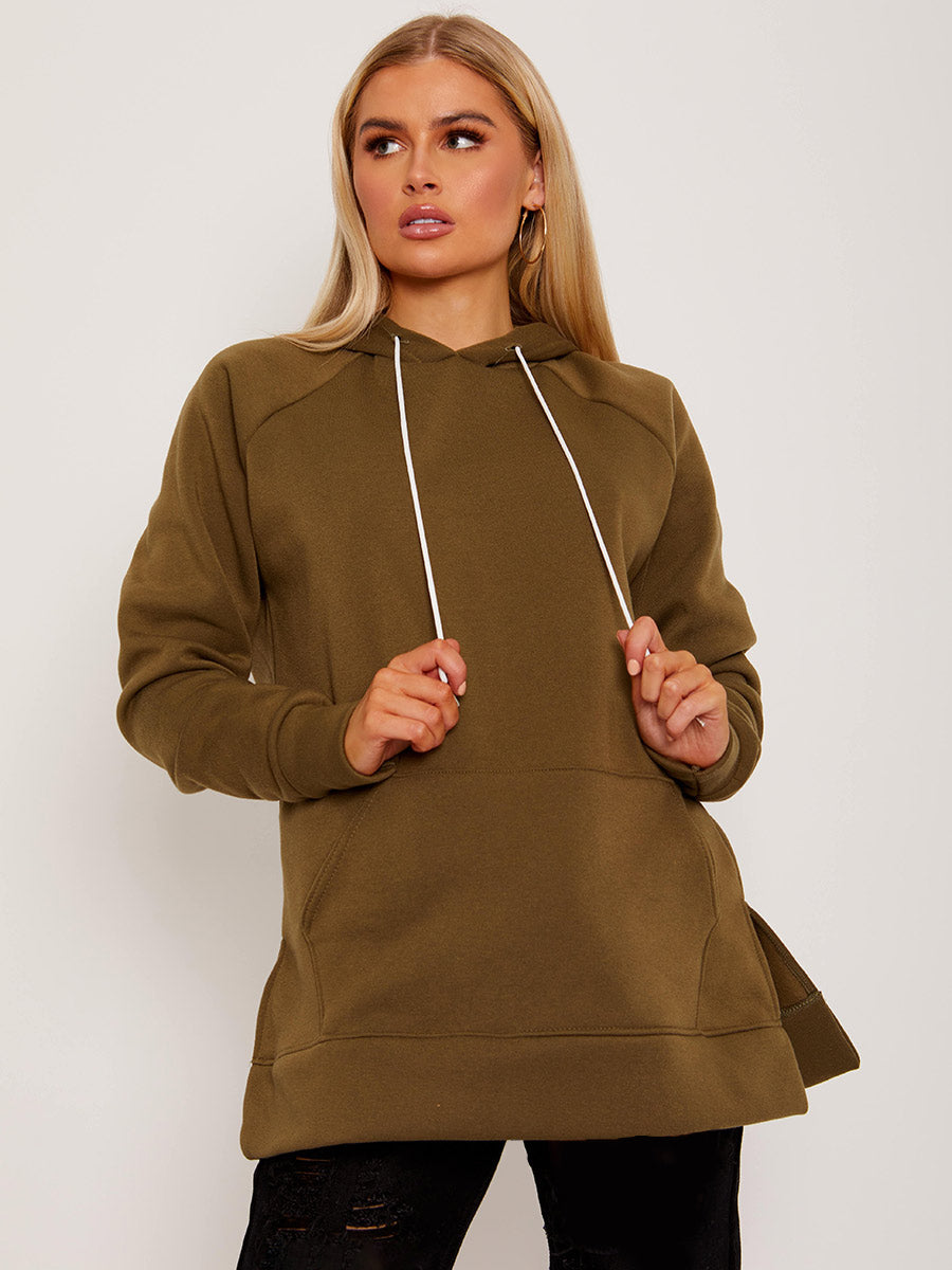 Side Slit Plain Fleeced Hoodie