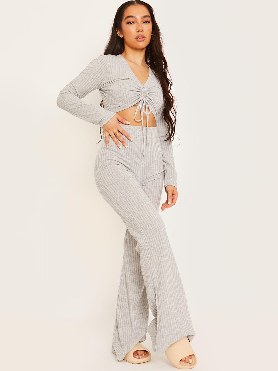 Ribbed Ruched Crop Top & Flared Trouser Co-ord
