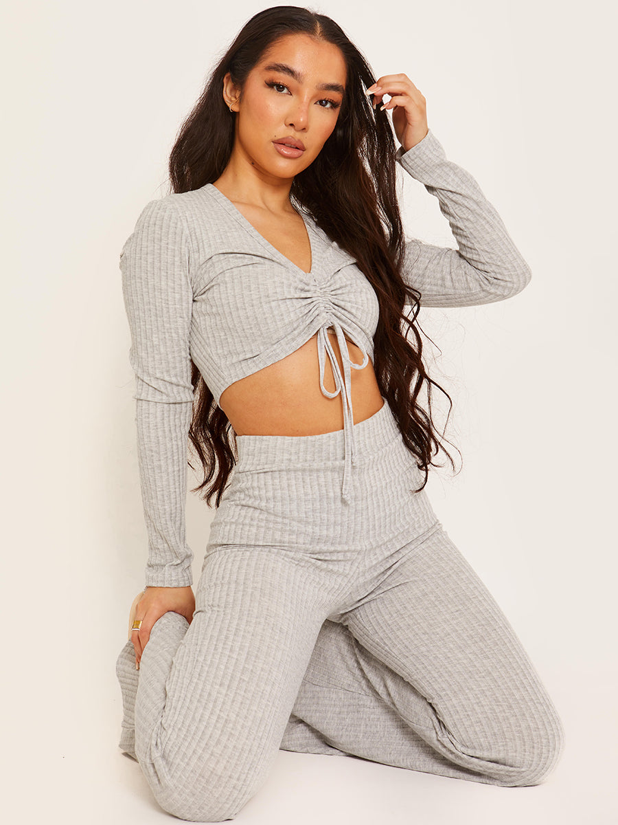 Ribbed Ruched Crop Top & Flared Trouser Co-ord