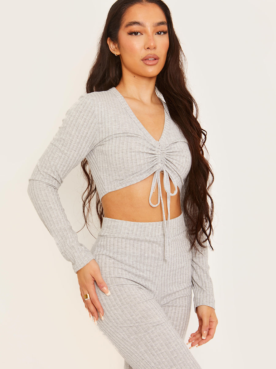 Ribbed Ruched Crop Top & Flared Trouser Co-ord