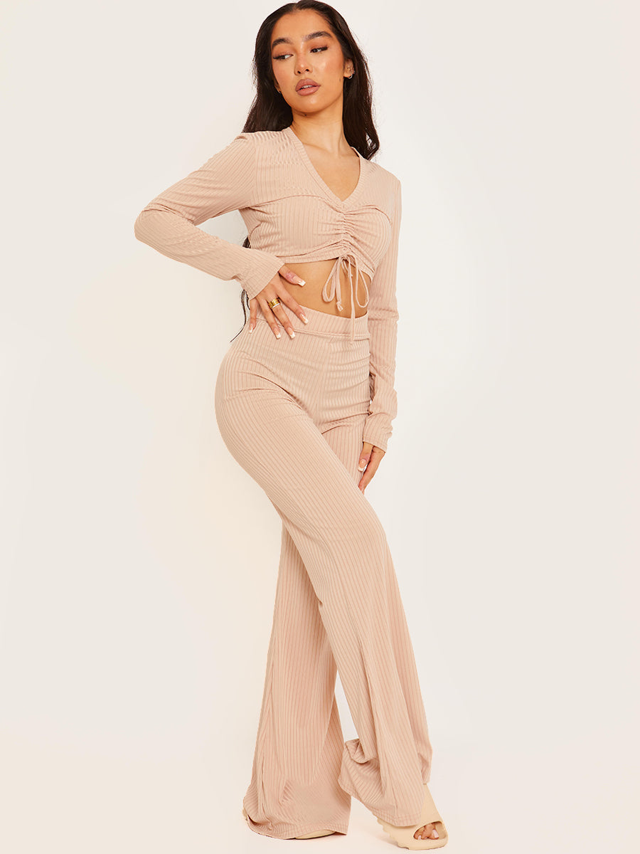 Ribbed Ruched Crop Top & Flared Trouser Co-ord