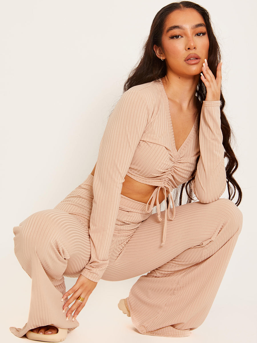 Ribbed Ruched Crop Top & Flared Trouser Co-ord