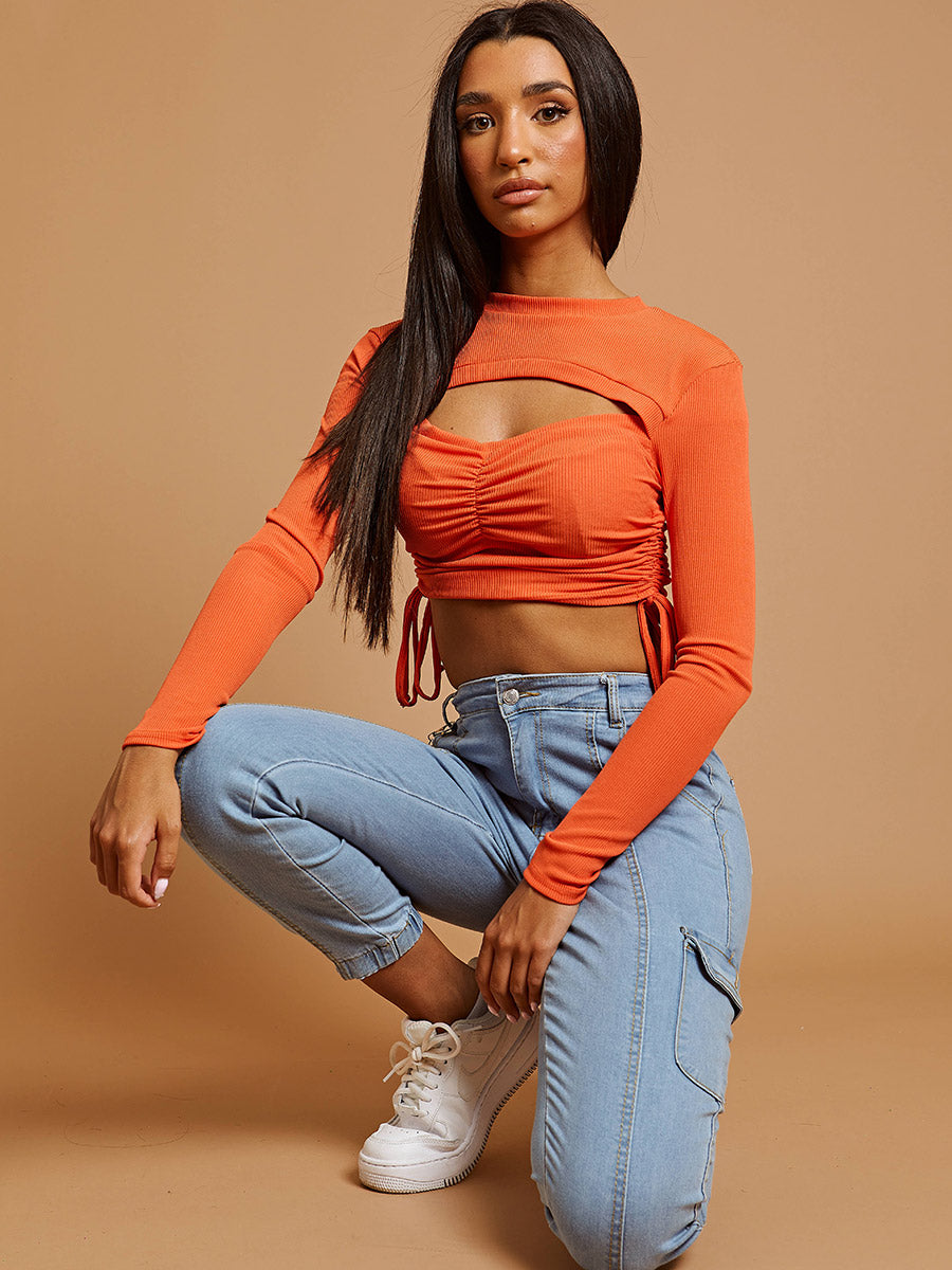 Ribbed Cutout Ruched Crop Top