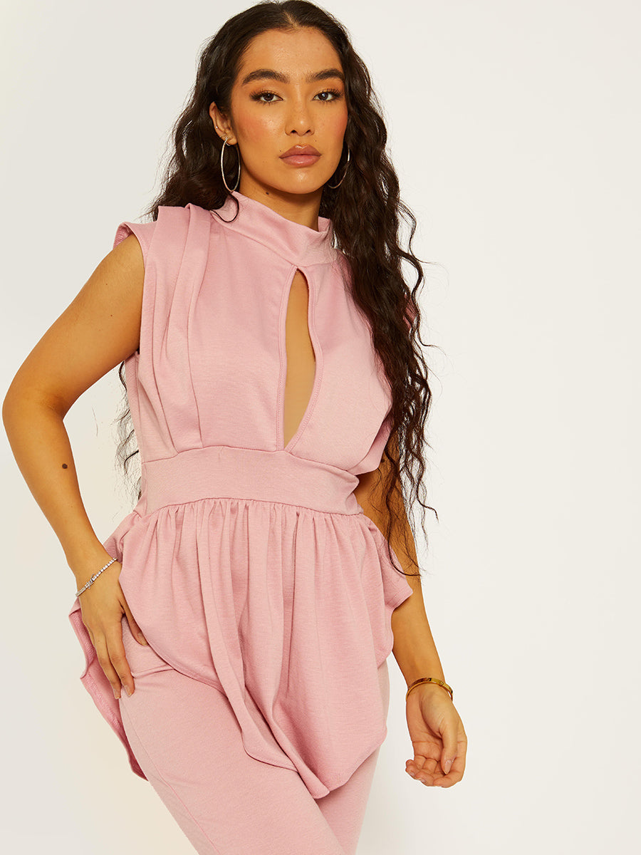 Asymmetric Hem Sleeveless Peplum Co-ord