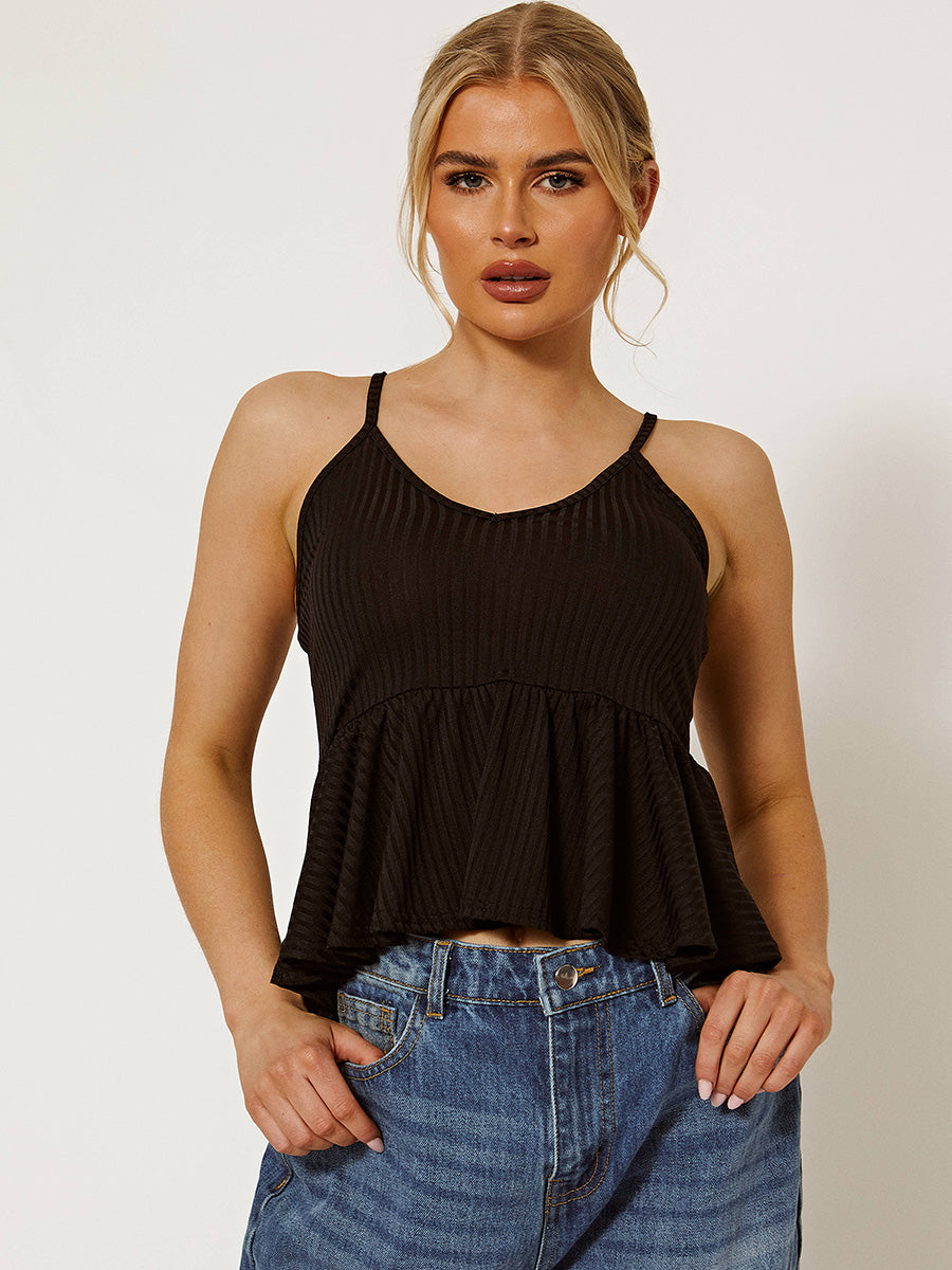 Ribbed Peplum Frill Cami Top