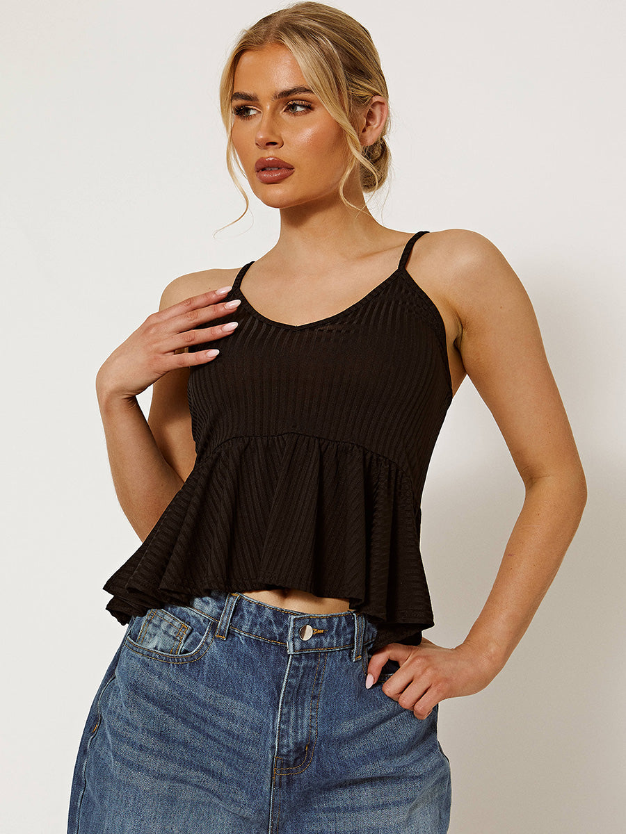 Ribbed Peplum Frill Cami Top