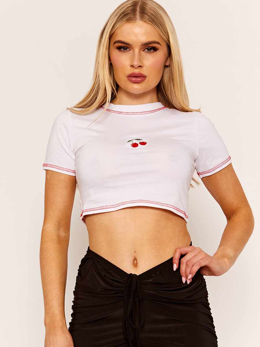 Stitch Detail Embroidered Cherry Crop Top