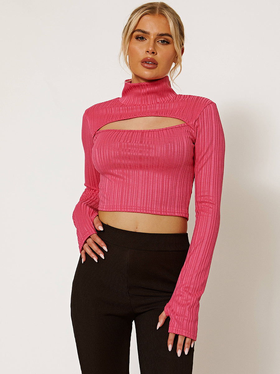 Cut Out Front High Neck Ribbed Crop Top