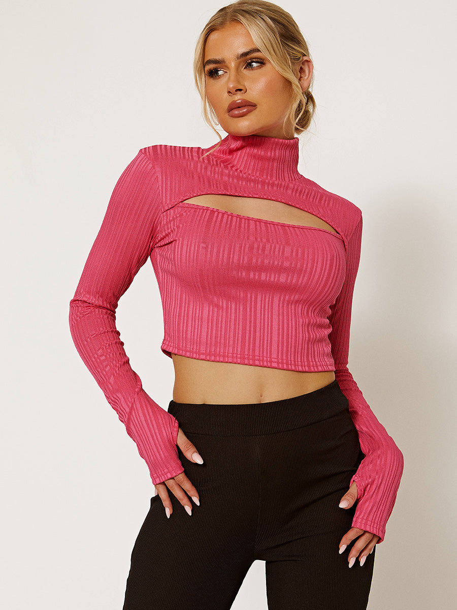 Cut Out Front High Neck Ribbed Crop Top