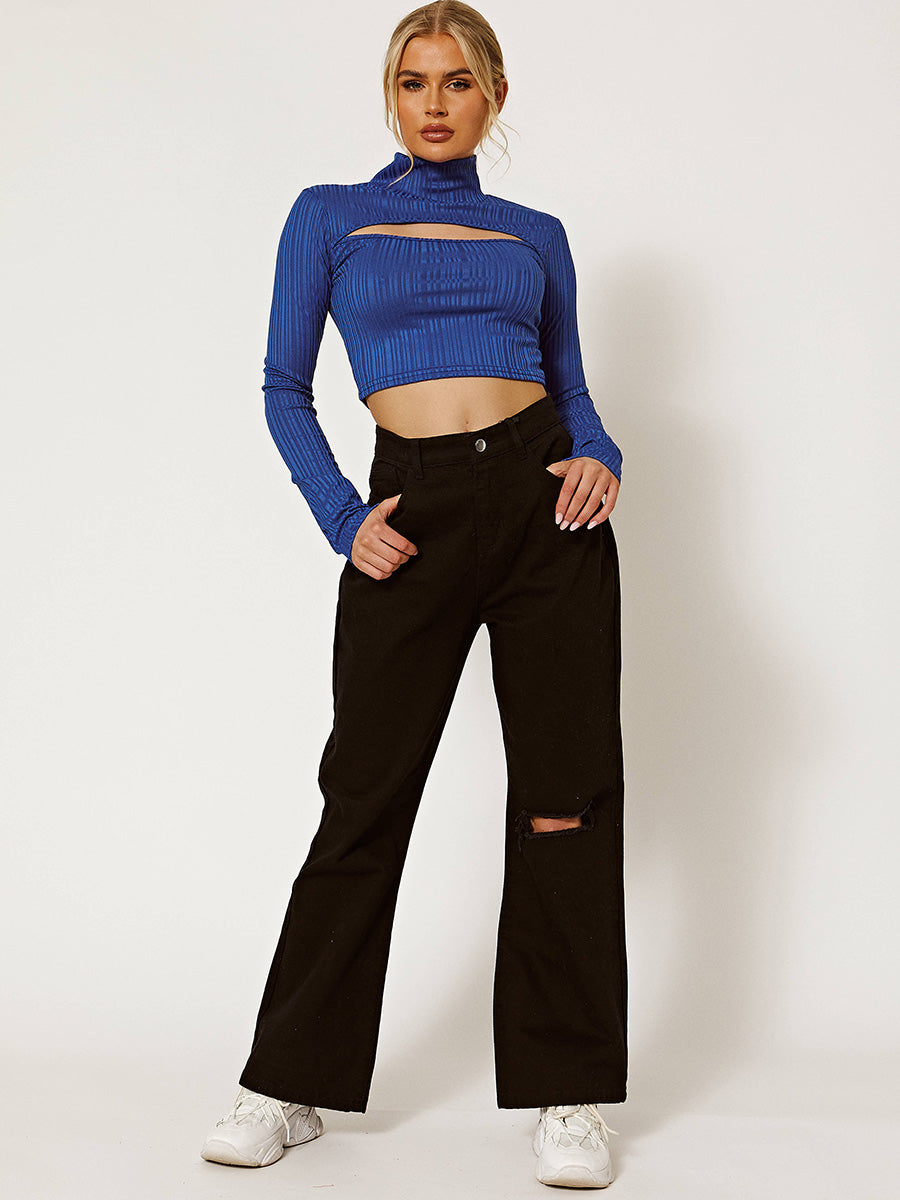 Cut Out Front High Neck Ribbed Crop Top