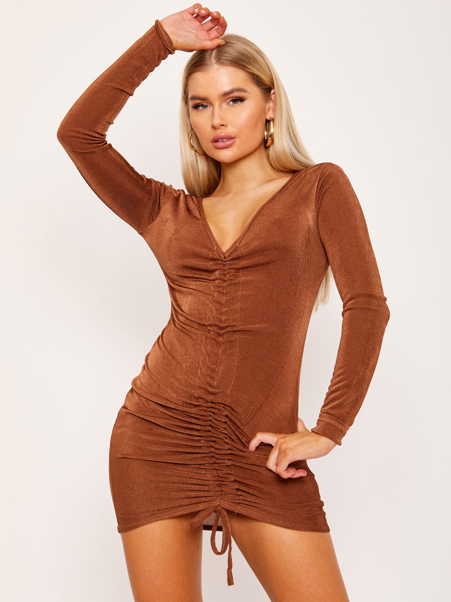 Long Sleeve Acetate Ruched Dress