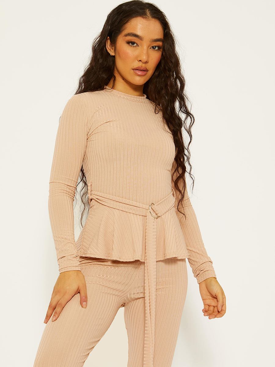Ribbed Peplum Co-ord with D-ring Belt
