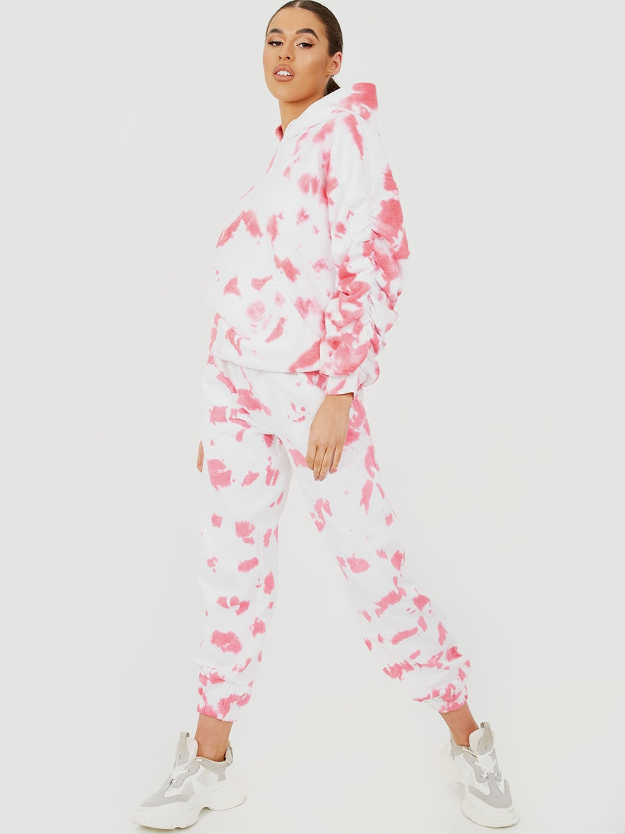 Tie-Dye Ruched Sleeves Fleeced Hoodie