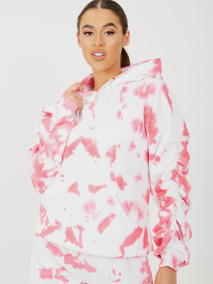 Tie-Dye Ruched Sleeves Fleeced Hoodie