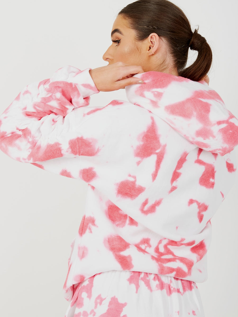 Tie-Dye Ruched Sleeves Fleeced Hoodie