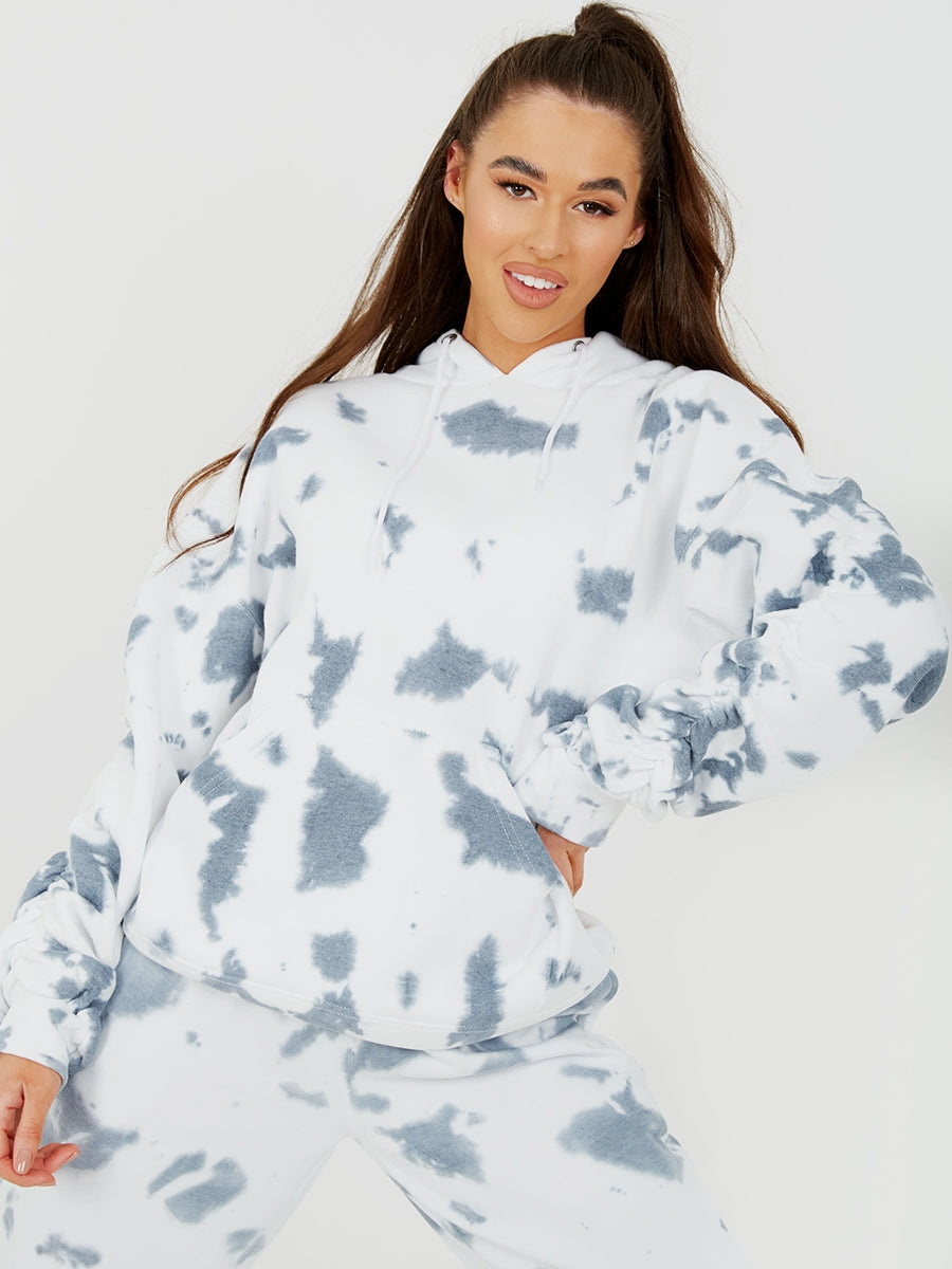 Tie-Dye Ruched Sleeves Fleeced Hoodie