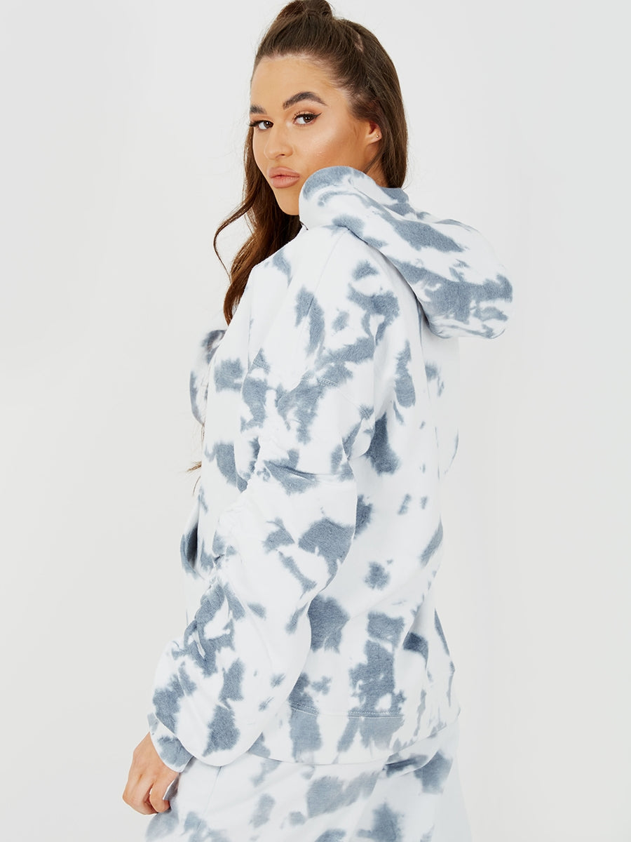 Tie-Dye Ruched Sleeves Fleeced Hoodie