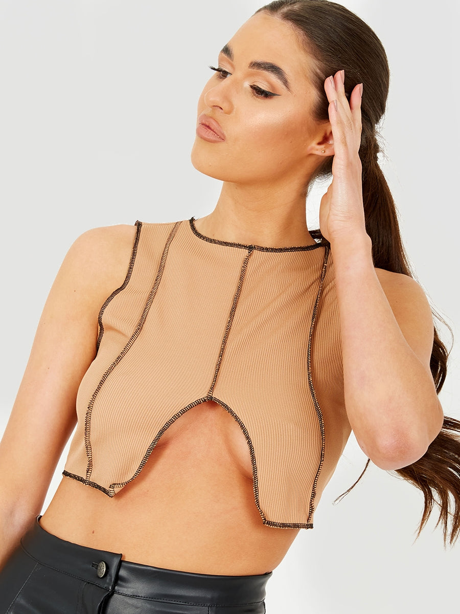 Contrast Stitch Detail Ribbed Crop Top