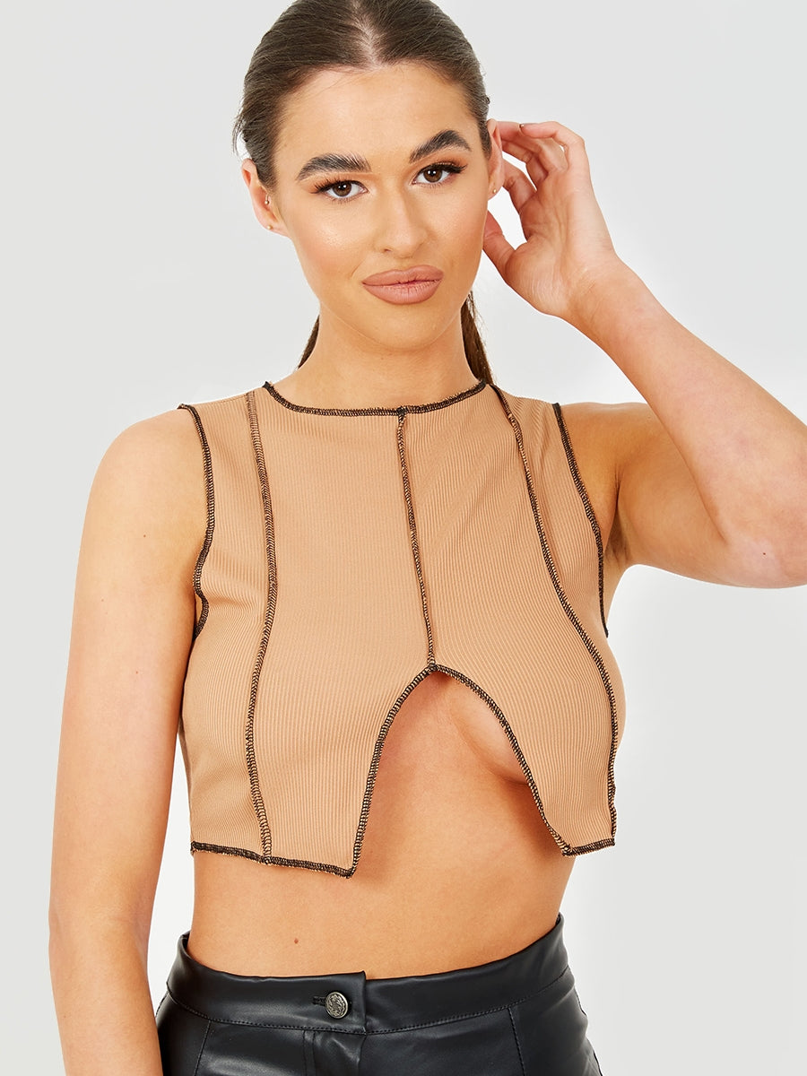 Contrast Stitch Detail Ribbed Crop Top