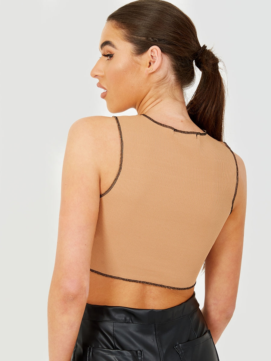 Contrast Stitch Detail Ribbed Crop Top