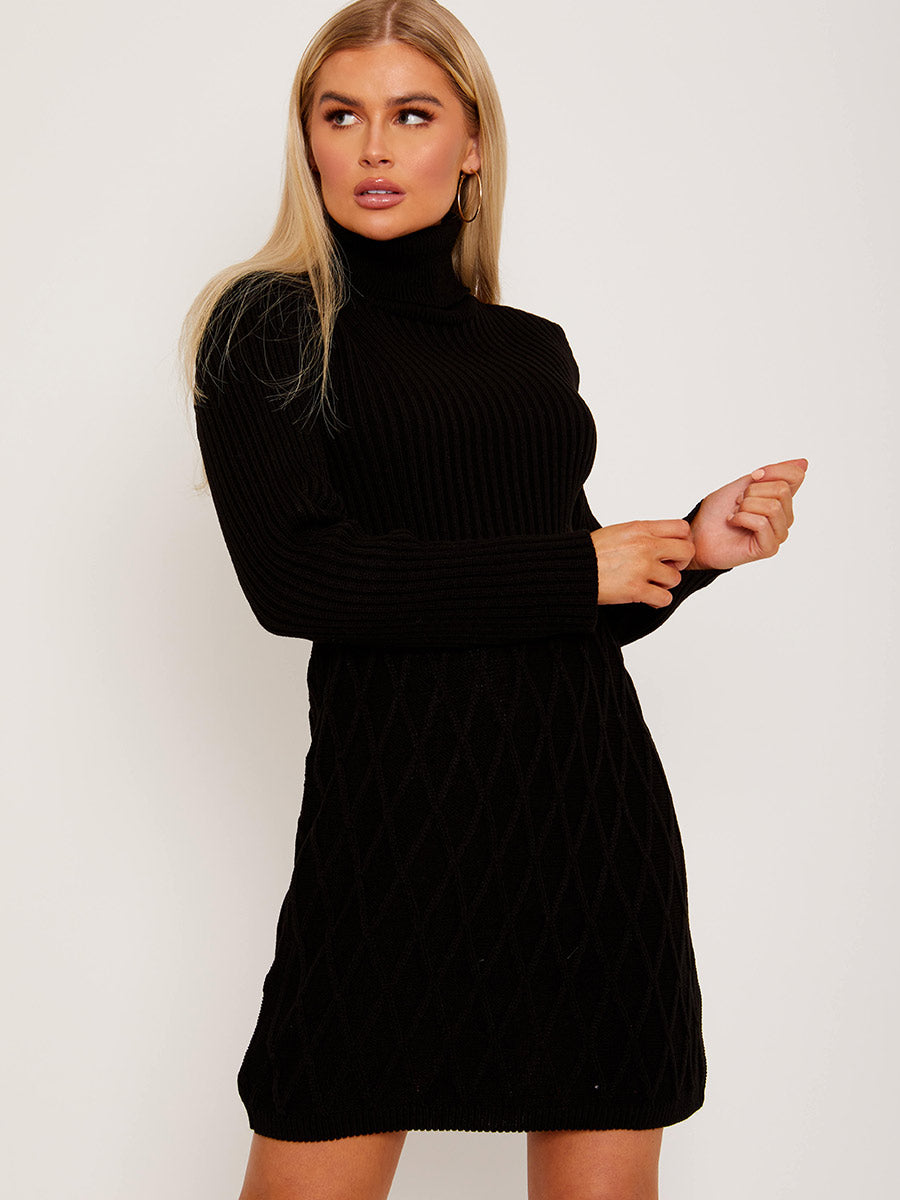 Criss Cross Knit?Ribbed Roll Neck Bodycon Dress