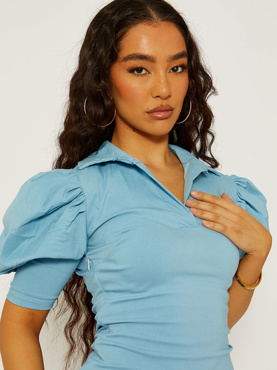 Puff Sleeve Collared Bodycon Dress