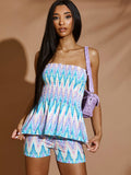Multi Coloured Shirred Frill Hem Bandeau Top & Shorts Co-ord