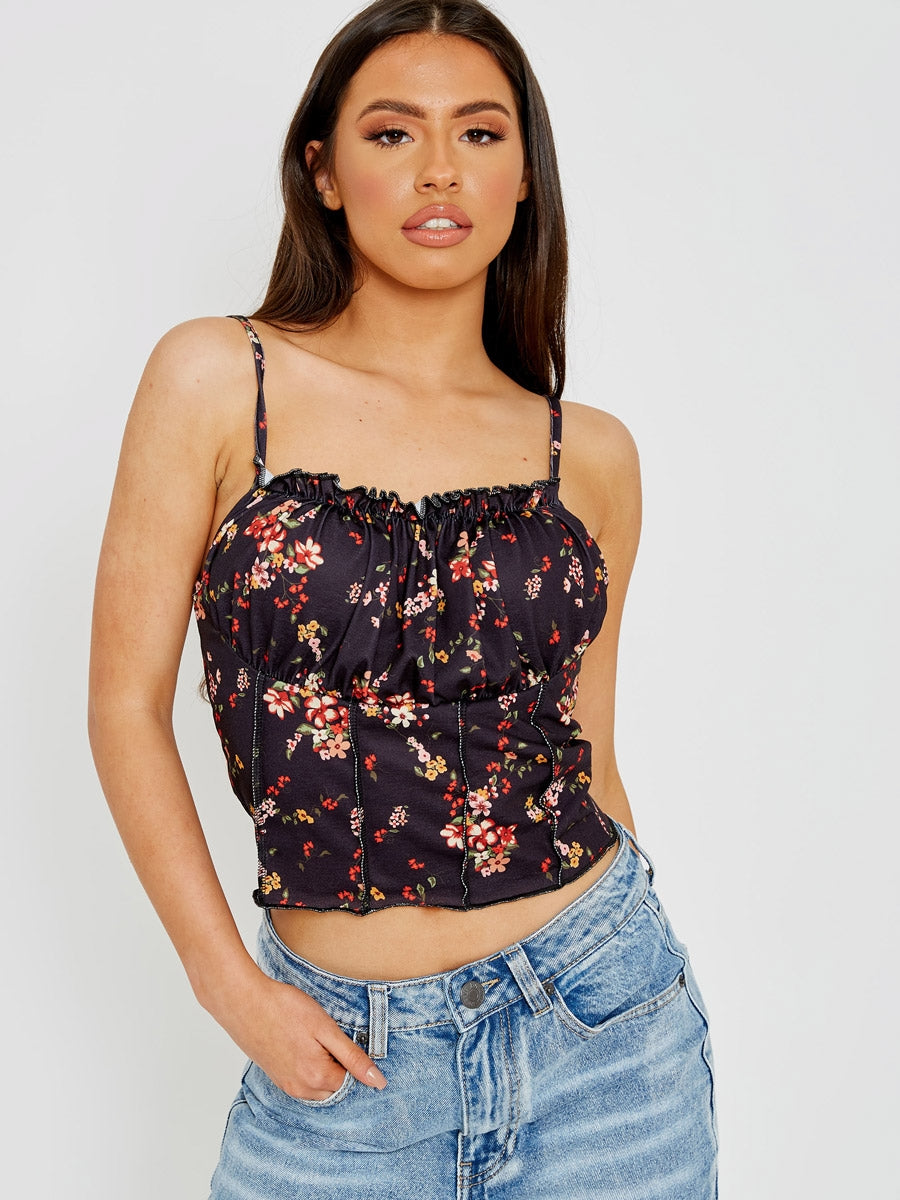 Floral Print Seam Detail Lettuce Frill Cami Top