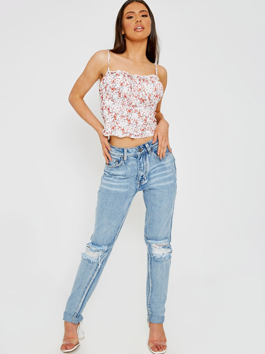 Floral Print Seam Detail Lettuce Frill Cami Top
