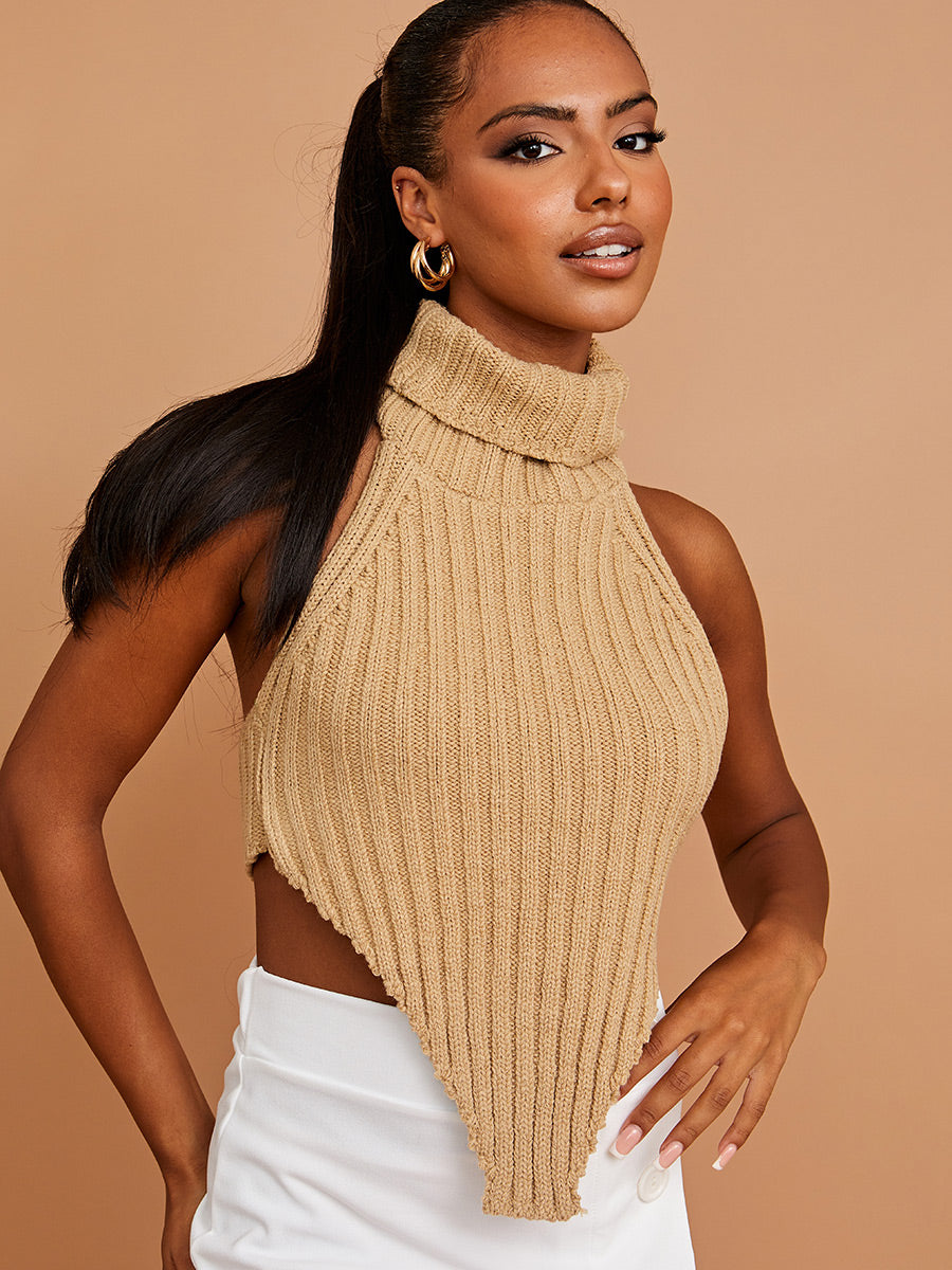Halter Roll Neck Asymmetric Hem Knitted Crop Top