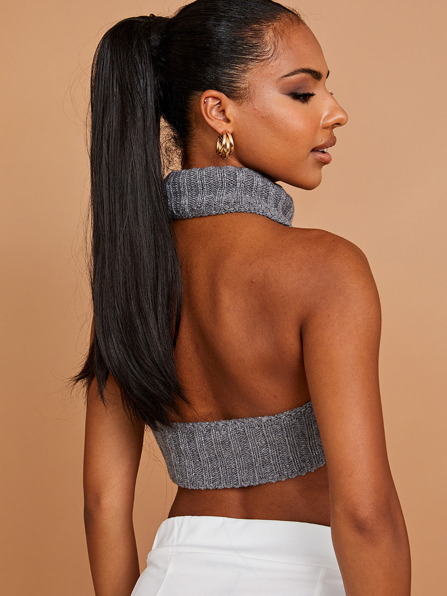 Halter Roll Neck Asymmetric Hem Knitted Crop Top