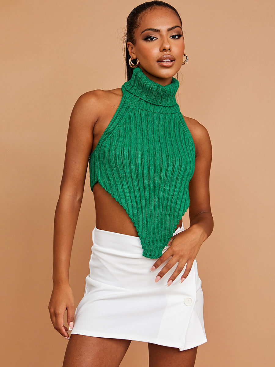 Halter Roll Neck Asymmetric Hem Knitted Crop Top