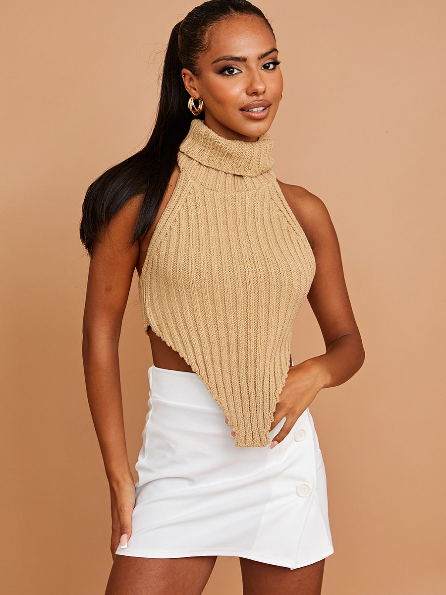 Halter Roll Neck Asymmetric Hem Knitted Crop Top