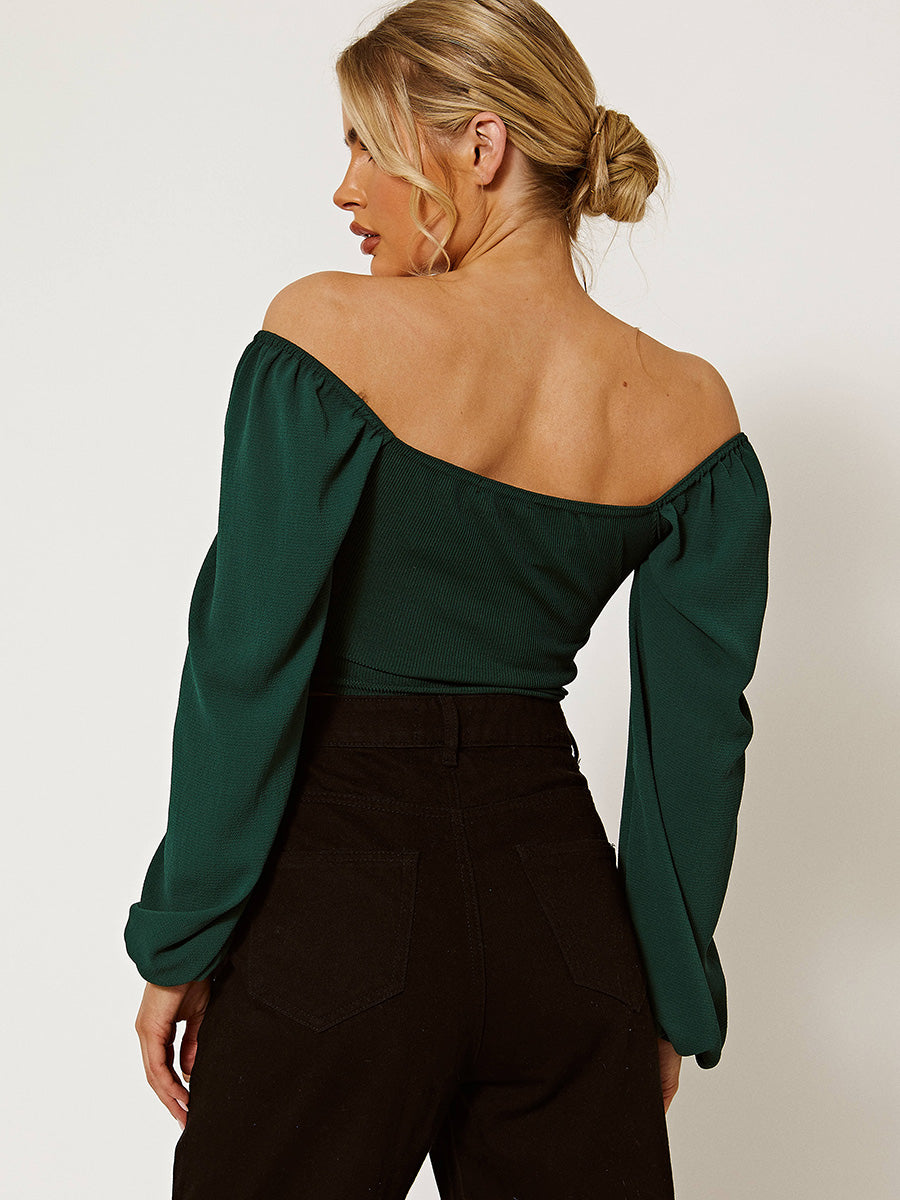 Bishop Sleeve Ruched Front Ribbed Crop Top