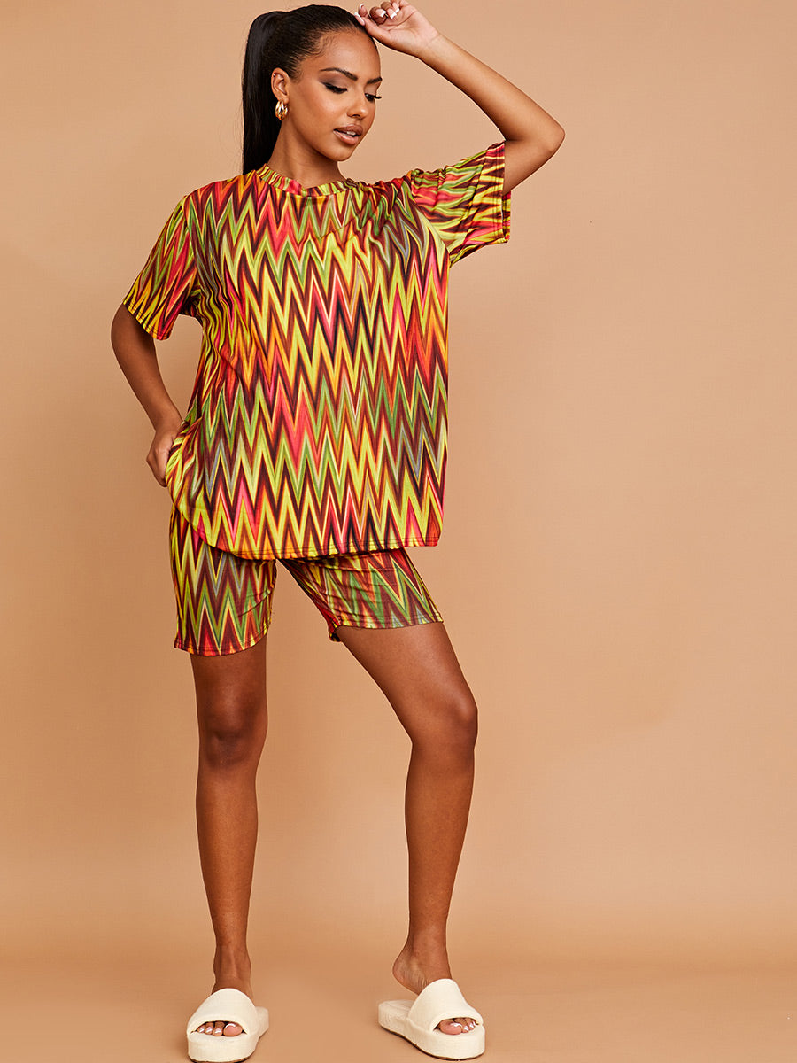 Chevron Printed Oversized Top & Shorts Co-ord