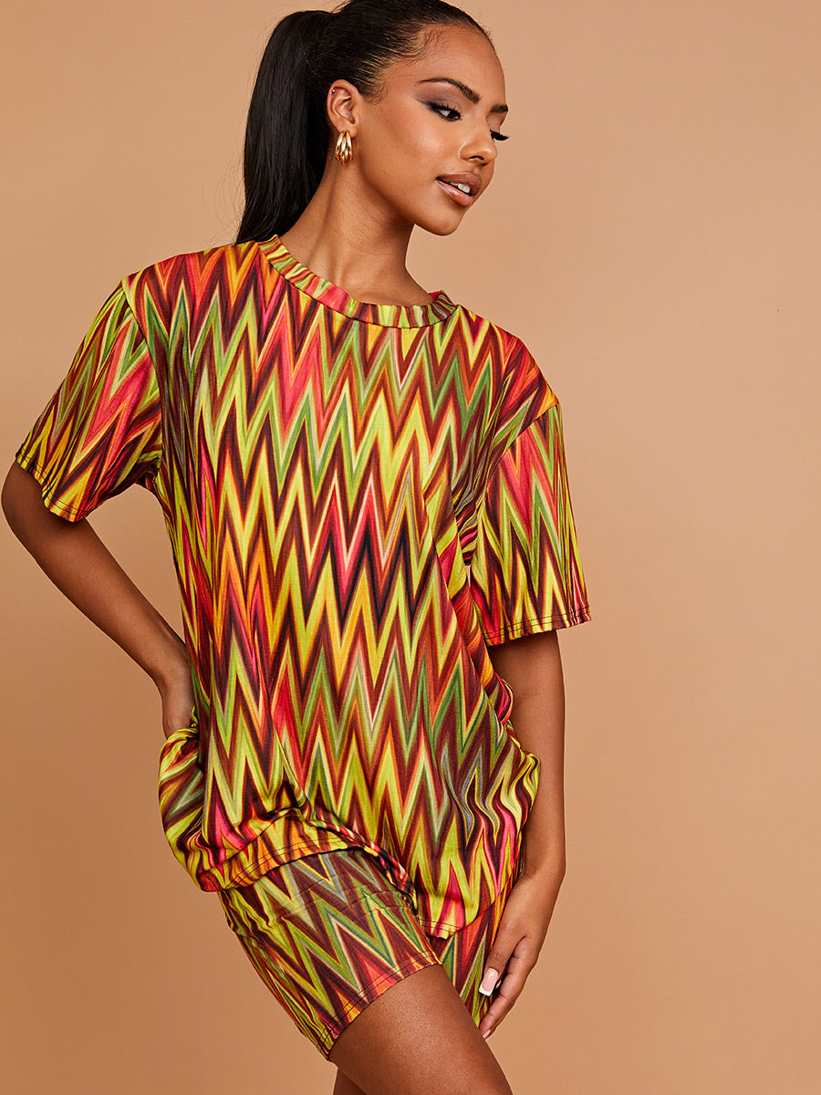 Chevron Printed Oversized Top & Shorts Co-ord