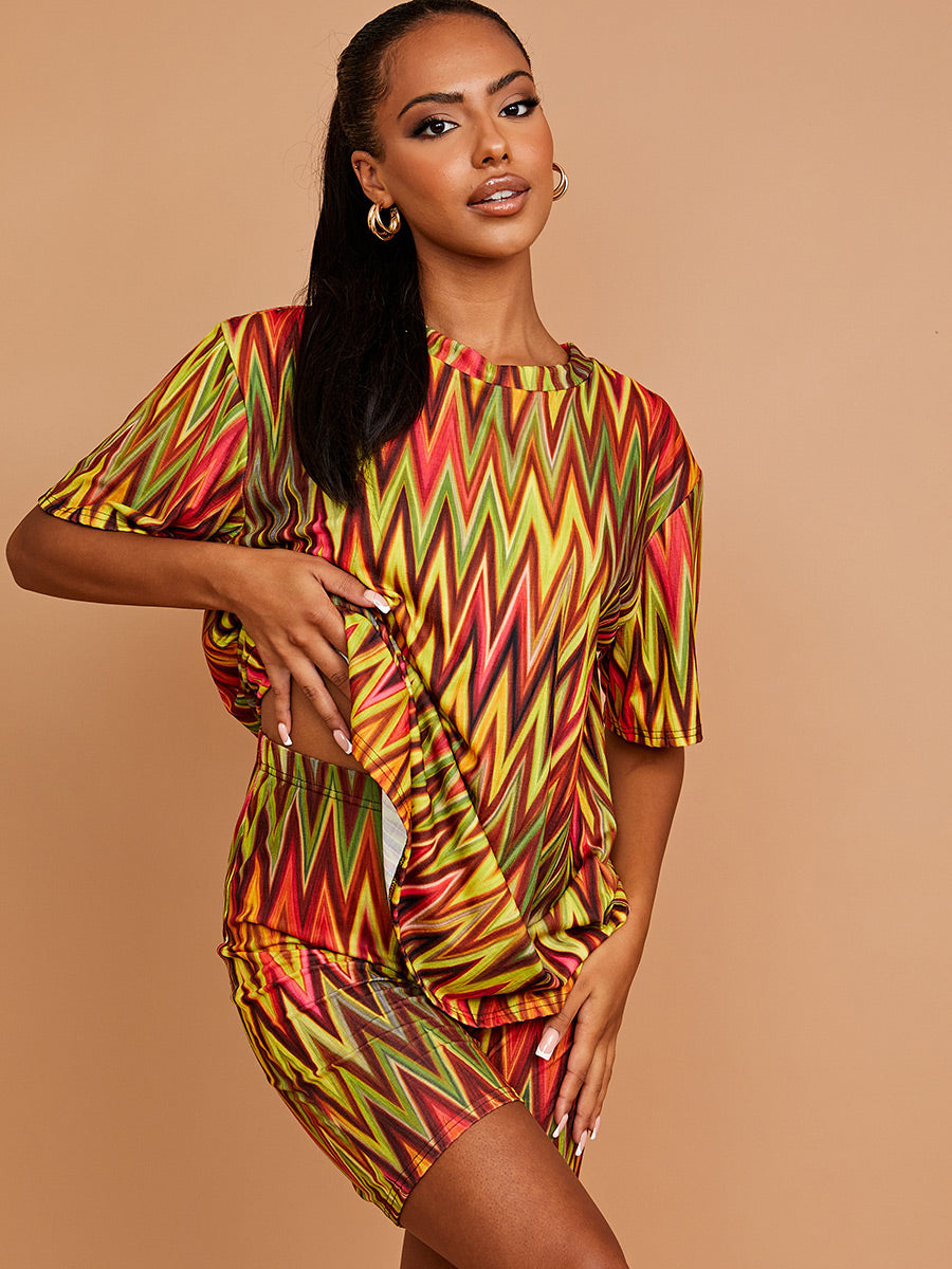 Chevron Printed Oversized Top & Shorts Co-ord