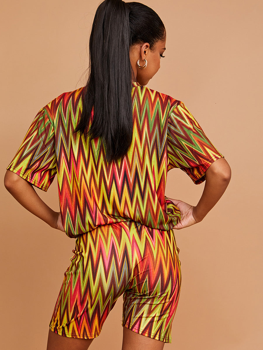 Chevron Printed Oversized Top & Shorts Co-ord