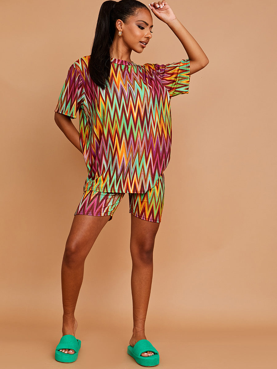 Chevron Printed Oversized Top & Shorts Co-ord