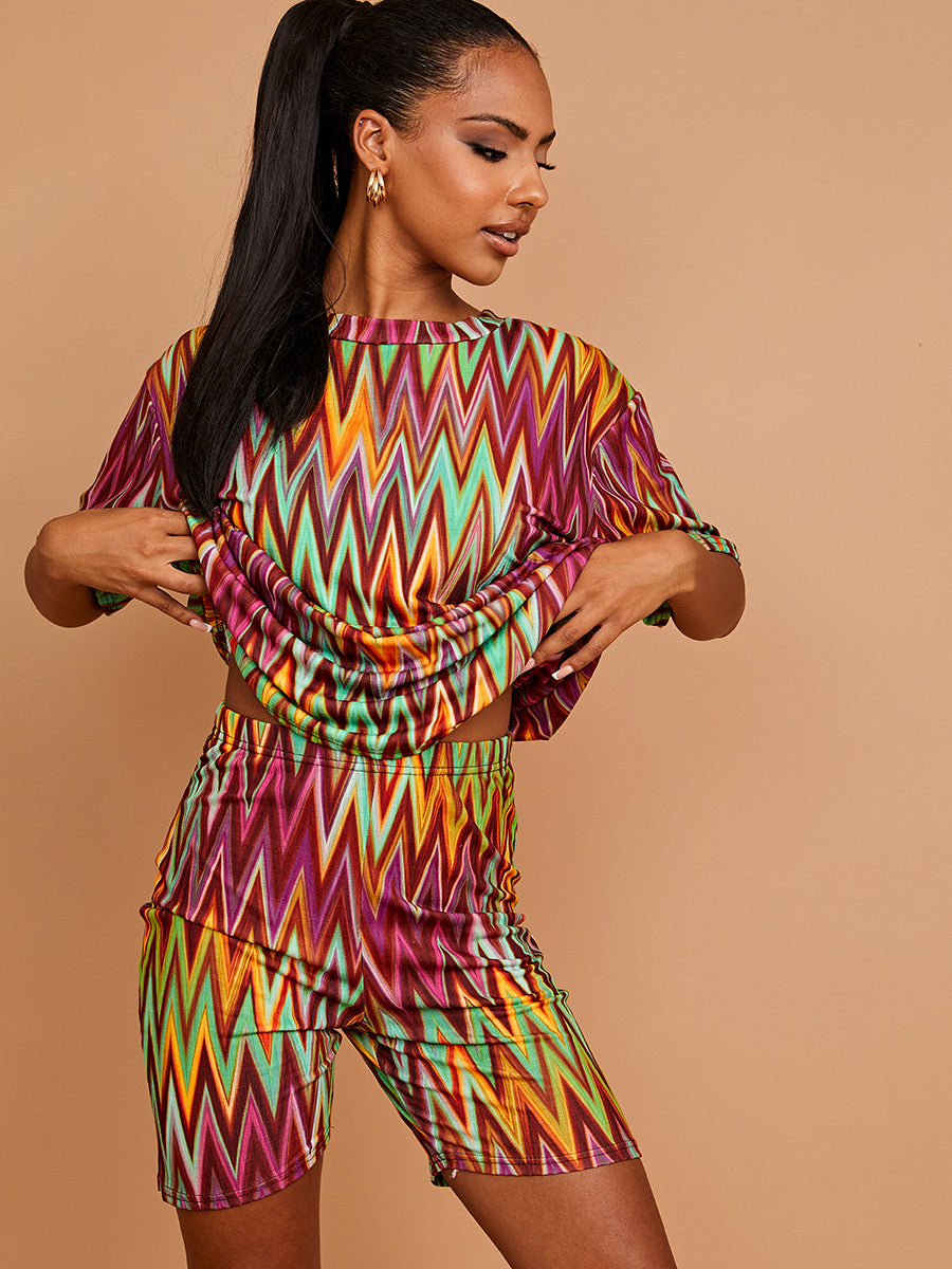 Chevron Printed Oversized Top & Shorts Co-ord