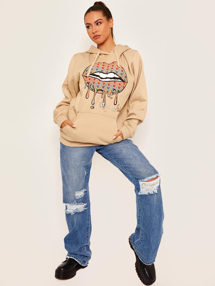 Chevron Lip Graphic Fleeced Hoodie