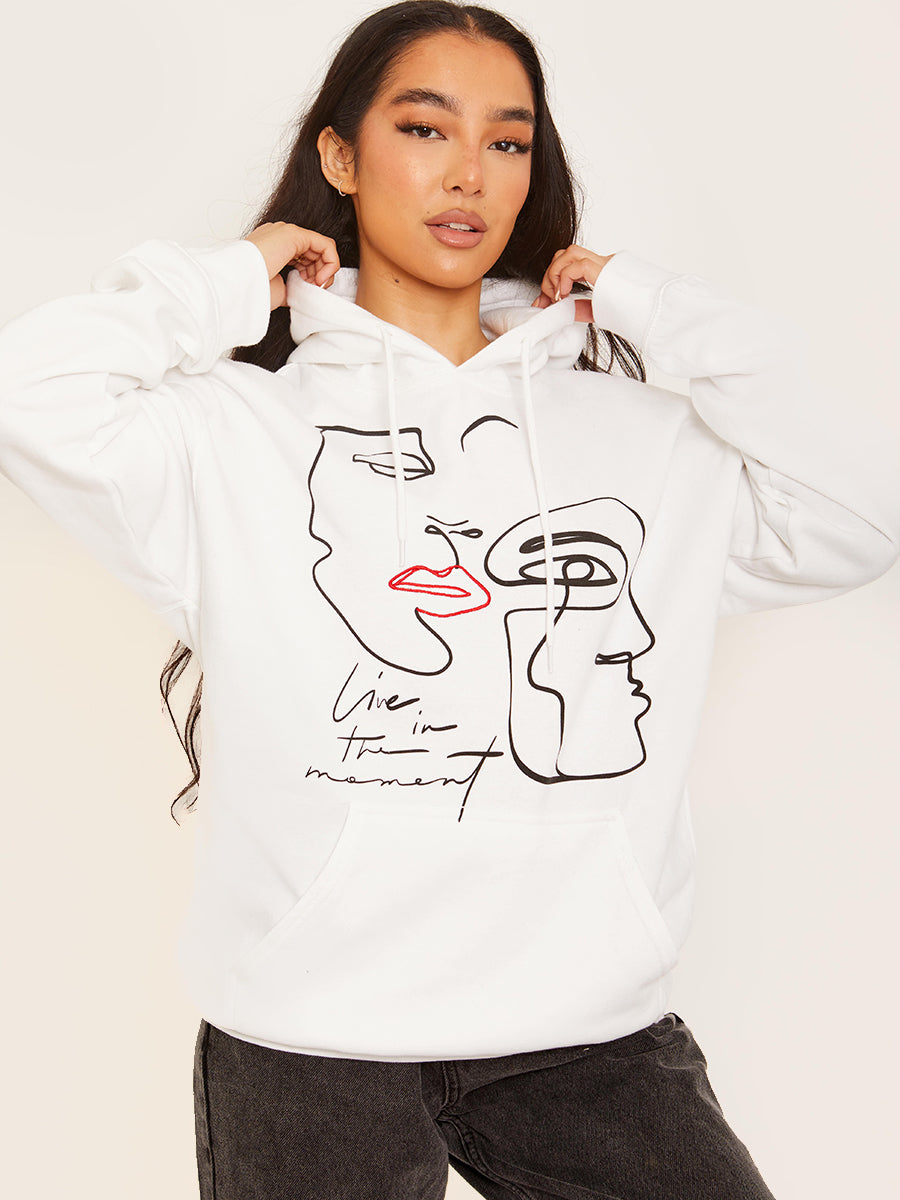 Face Graphic Hoodie with Embroidered Lip