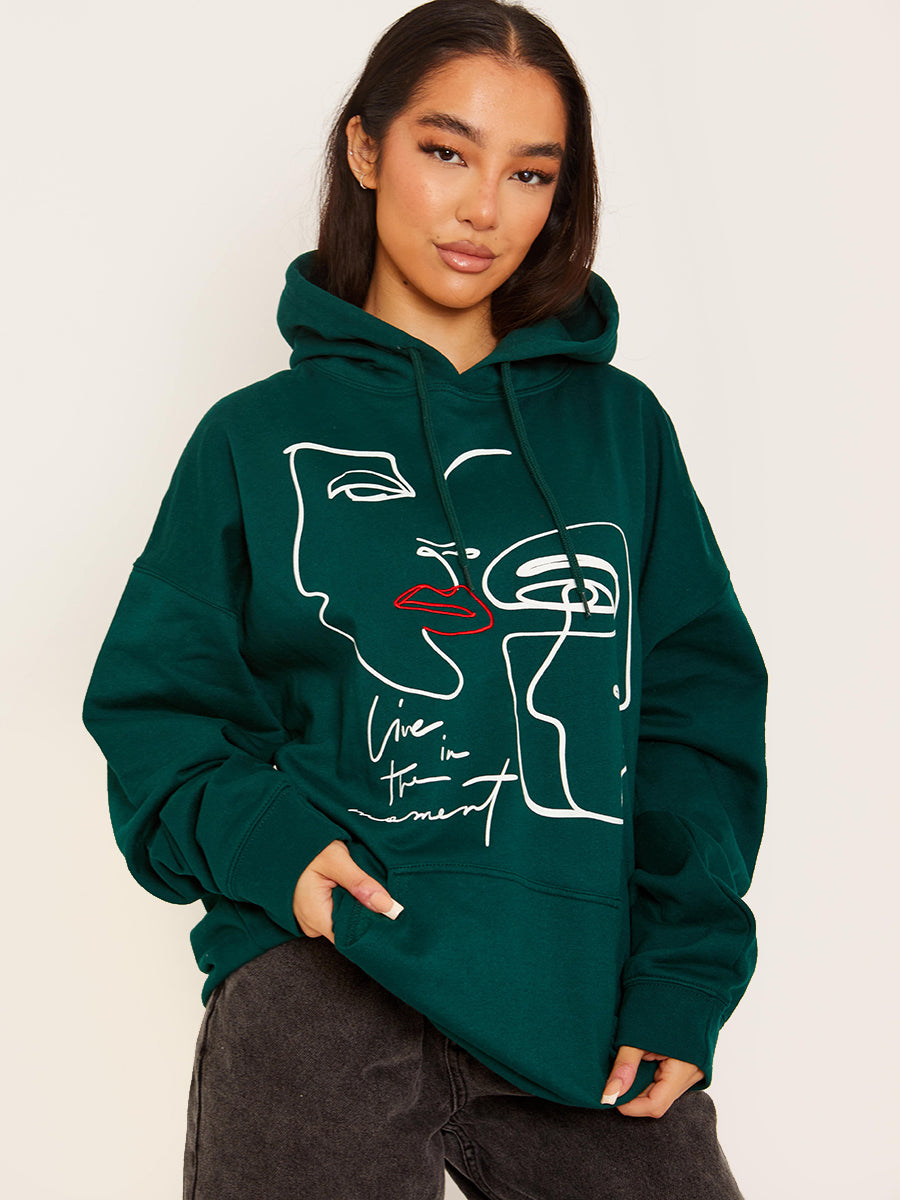 Face Graphic Hoodie with Embroidered Lip