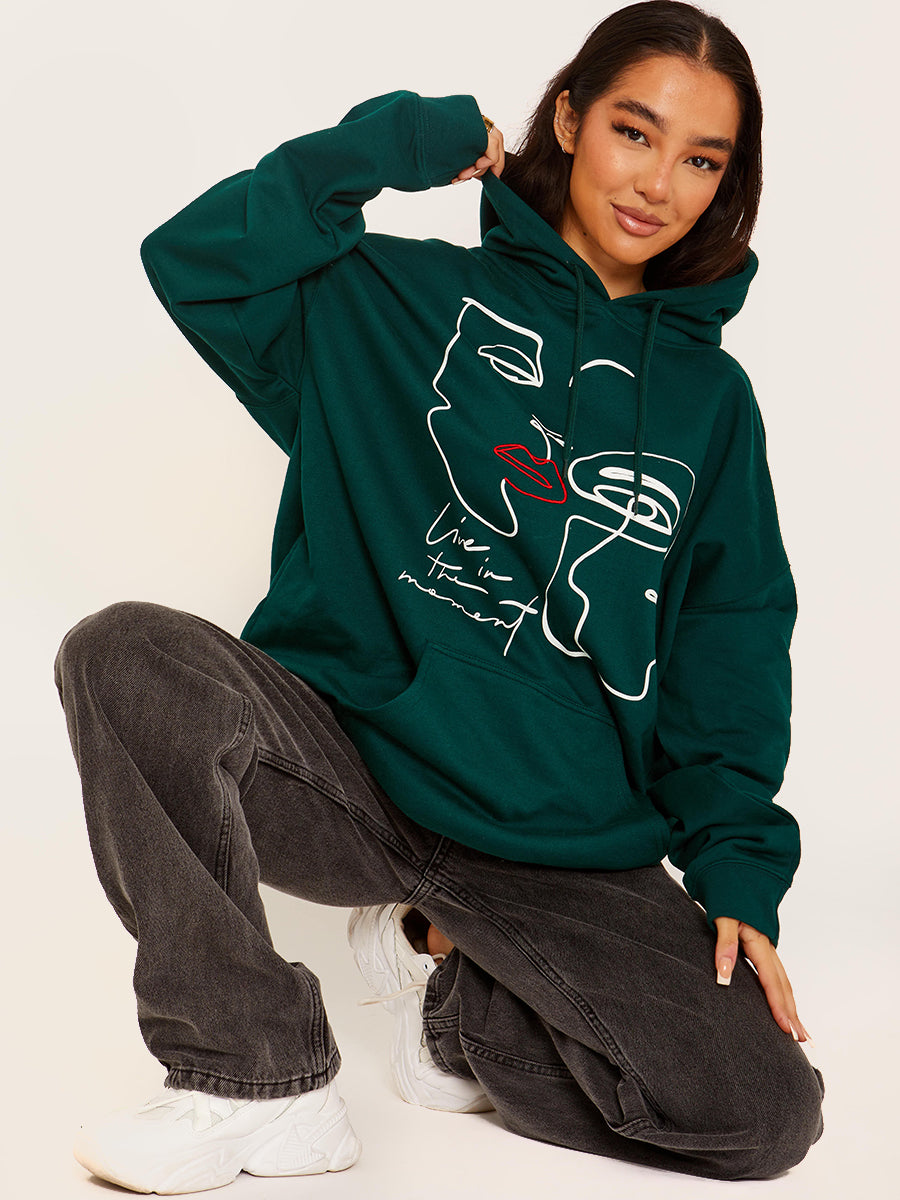 Face Graphic Hoodie with Embroidered Lip