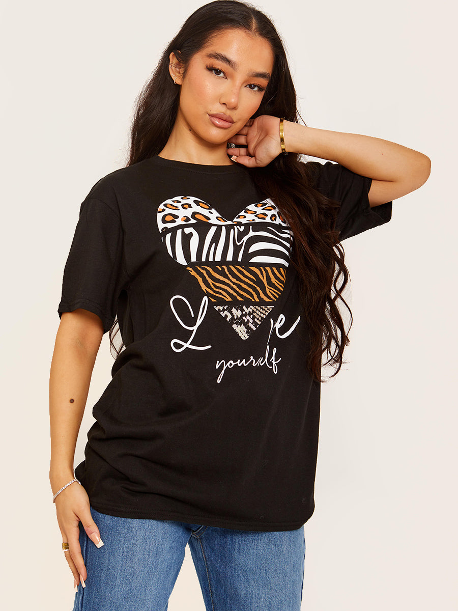 Love Yourself Multi Print Heart Graphic T-Shirt