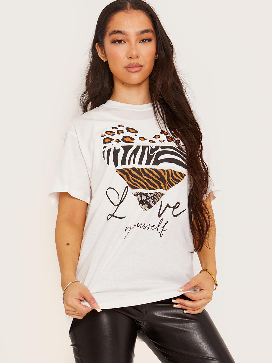 Love Yourself Multi Print Heart Graphic T-Shirt